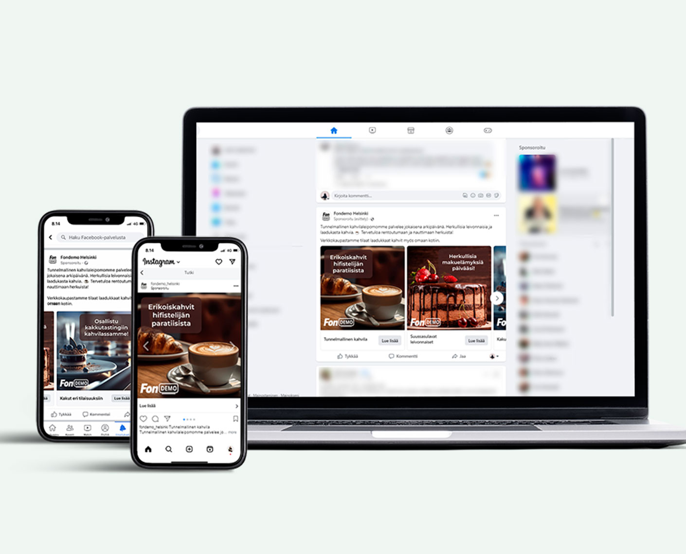 Puhelimia ja tietokone, joilla näkyy esimerkkejä Facebook- ja Instagram-mainoksista